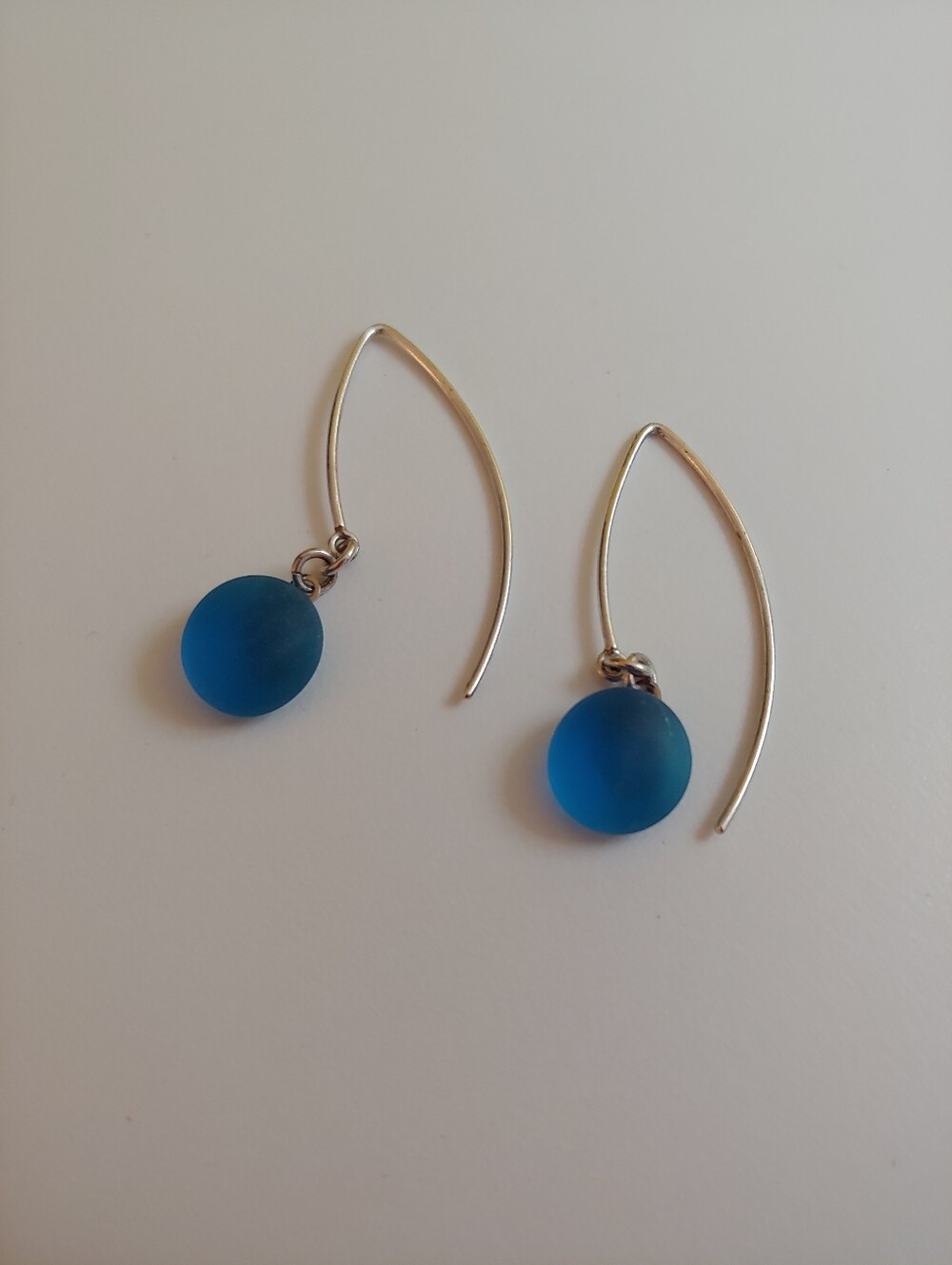 Blue Sea Glass Drop Earrings with Sleek Silver Hooks